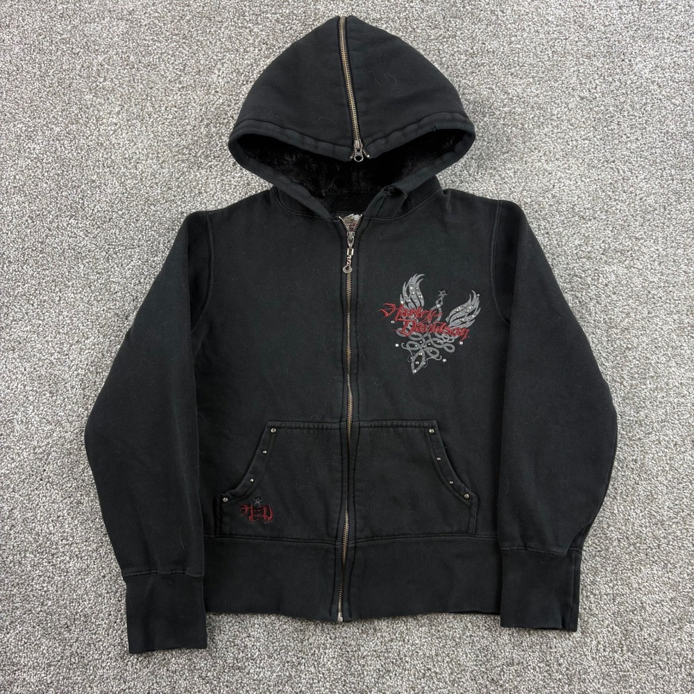 Y2K Harley Davidson Hoodie Women's Medium Black Cotton Studded Split Hood Sherpa